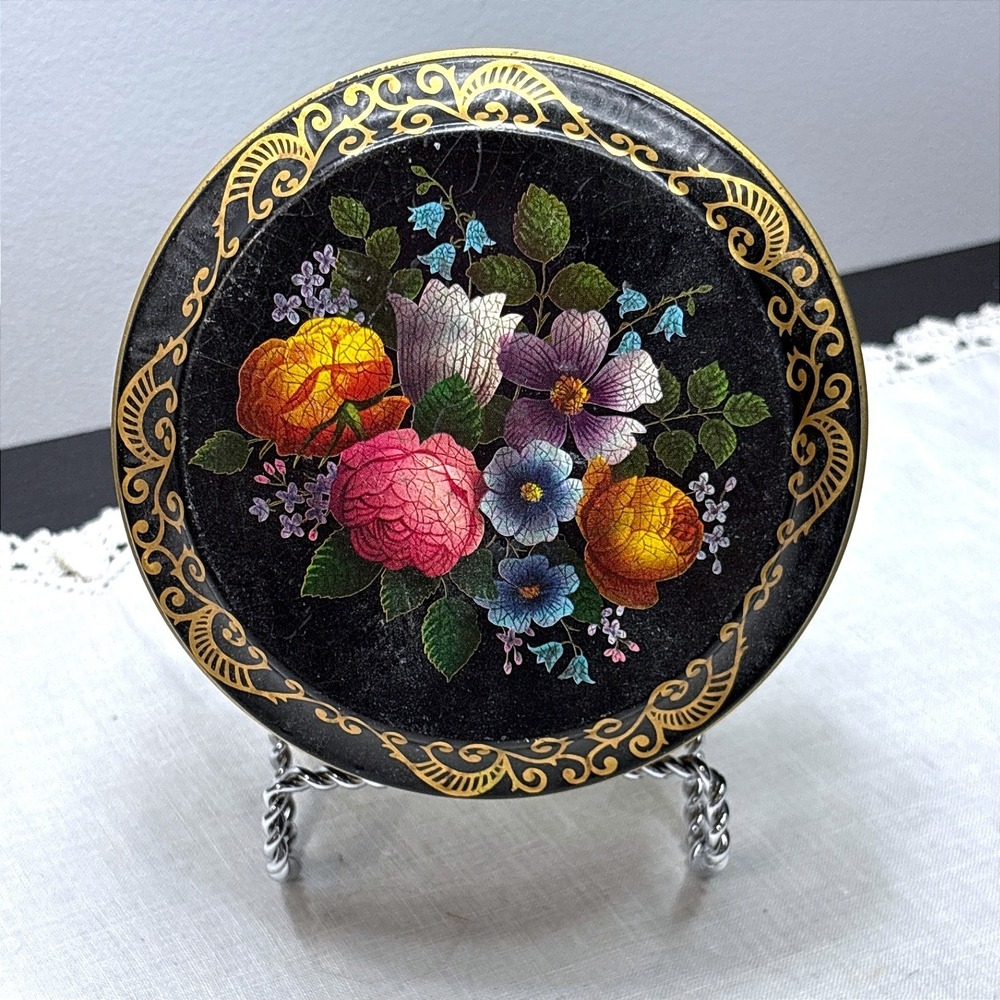 Vintage Daher Floral Tin Round Black Gold Filigree Made in England Tin Box